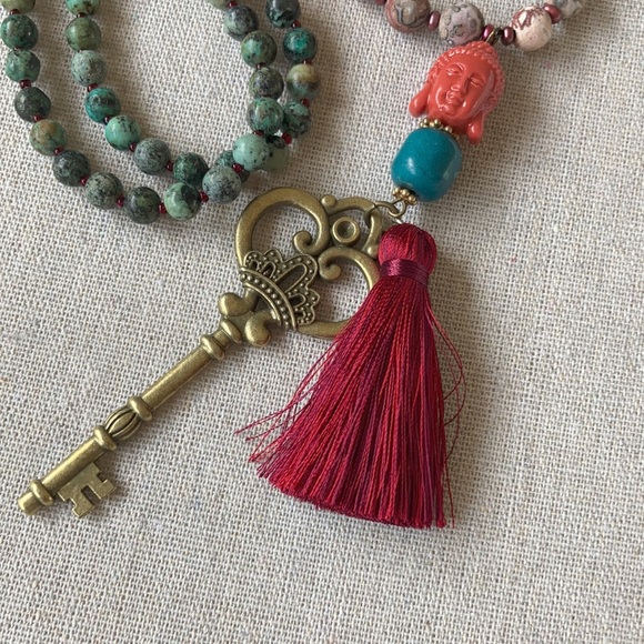 HP⭐️ Boho Laura Hansen Designs Chrysocolla Jasper Mala Necklace Key, Tassel - Picture 5 of 6